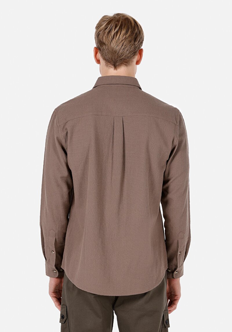 Regular Fit Shirt Neck Düz Erkek Bej Uzun Kol Gömlek
