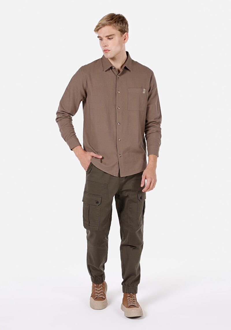 Regular Fit Shirt Neck Düz Erkek Bej Uzun Kol Gömlek