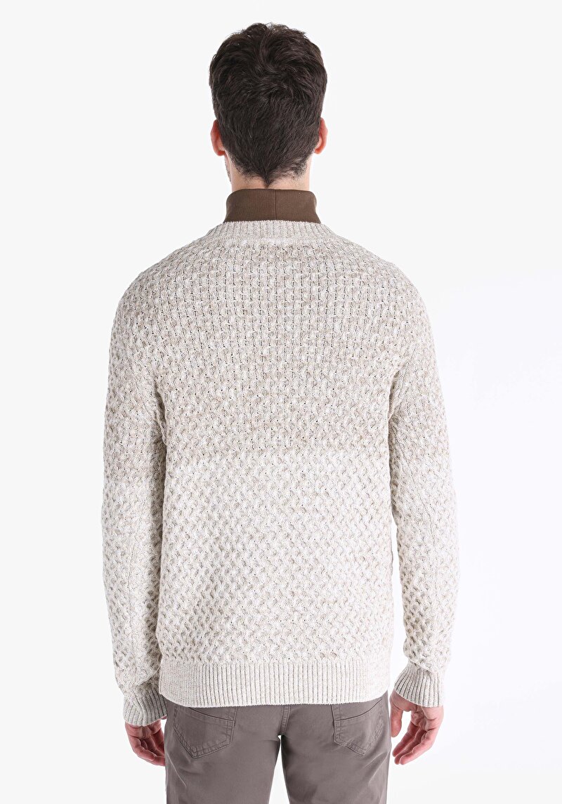 Regular Fit Yuvarlak Yaka Jakarlı Erkek Bej Kazak