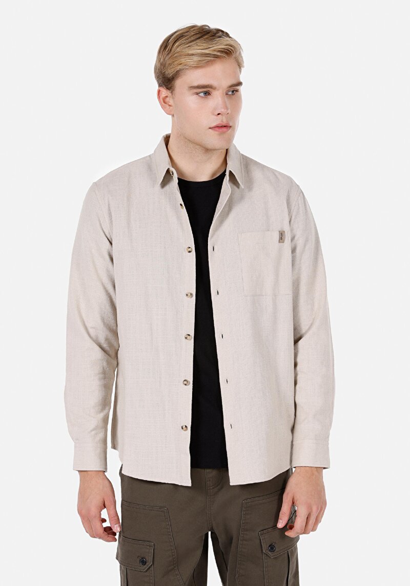 Regular Fit Shirt Neck Düz Erkek Taş Uzun Kol Gömlek