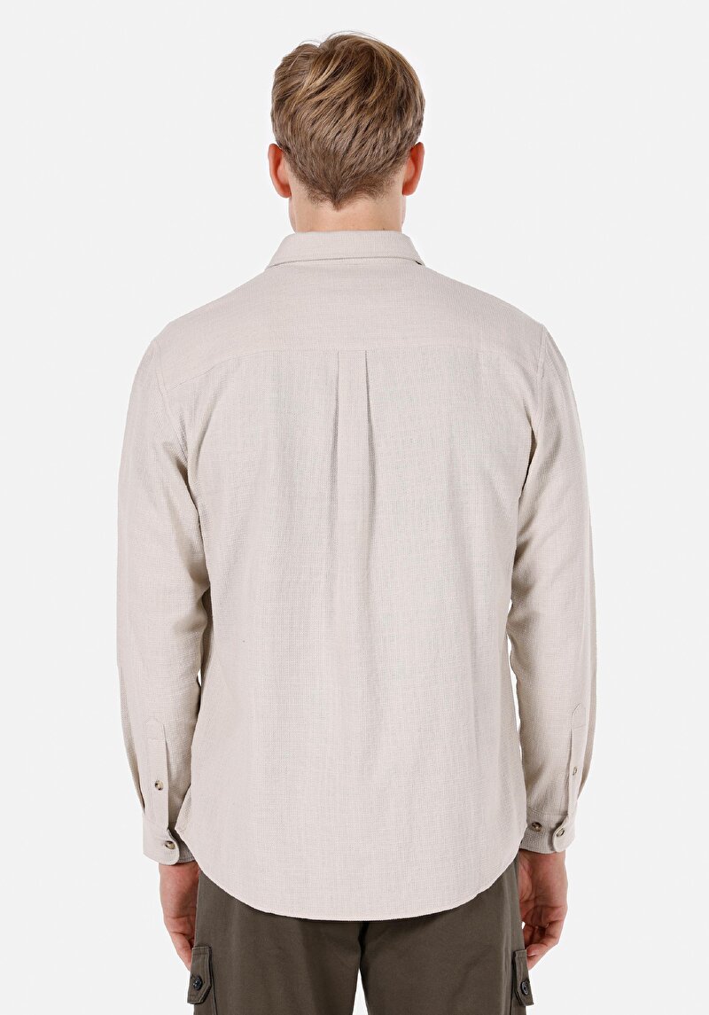 Regular Fit Shirt Neck Düz Erkek Taş Uzun Kol Gömlek