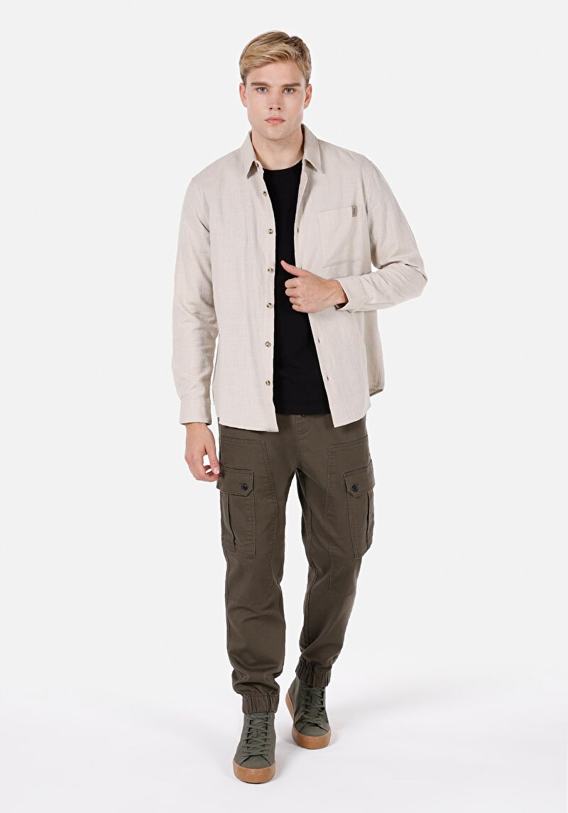 Regular Fit Shirt Neck Düz Erkek Taş Uzun Kol Gömlek