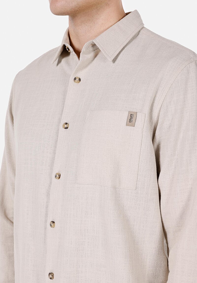 Regular Fit Shirt Neck Düz Erkek Taş Uzun Kol Gömlek