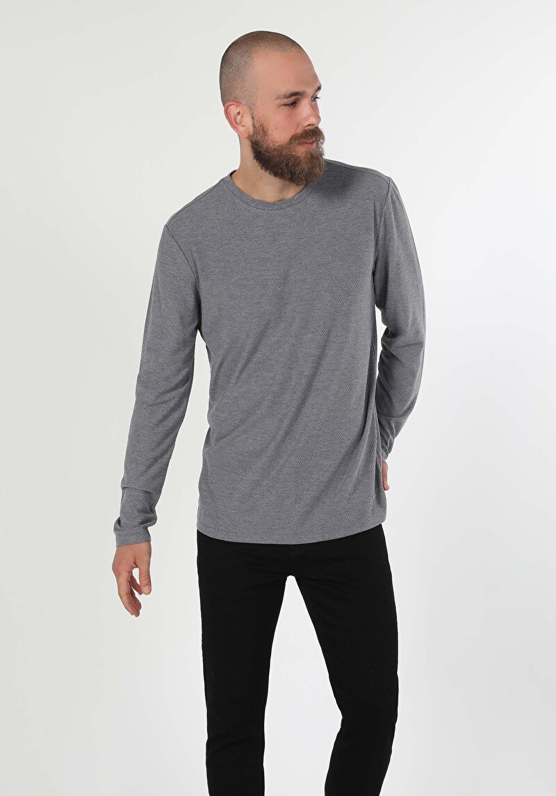 Regular Fit Yuvarlak Yaka Düz Örme Erkek Gri Uzun Kol Tişört