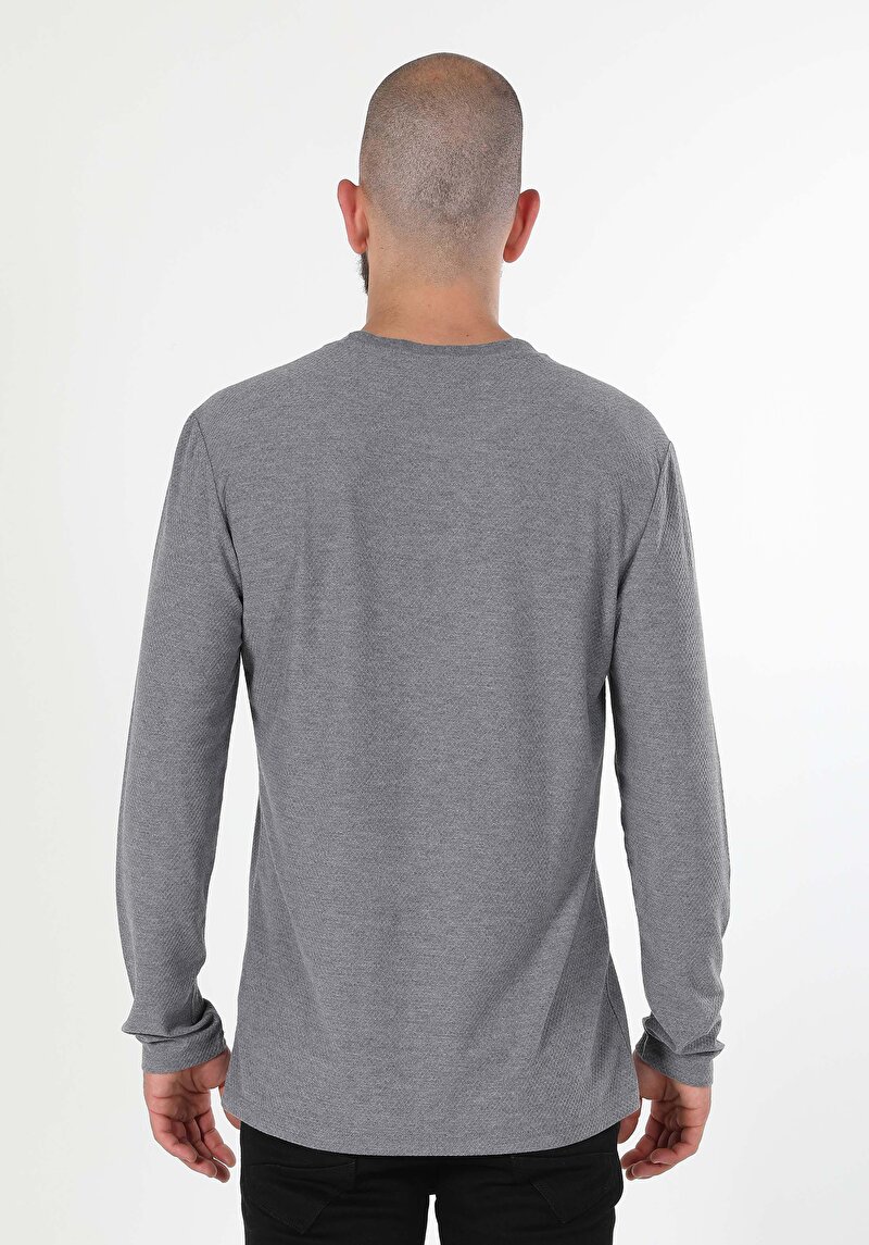 Regular Fit Yuvarlak Yaka Düz Örme Erkek Gri Uzun Kol Tişört