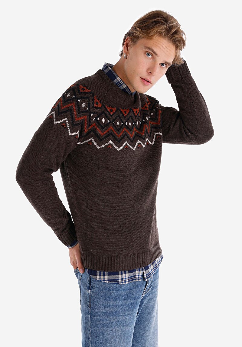 Regular Fit Yuvarlak Yaka Desen Baskılı Jakarlı Erkek Kahverengi Kazak