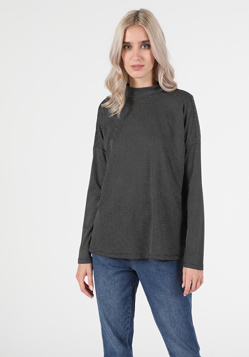 Regular Fit Balıkçı Yaka Kadın Siyah Uzun Kol Tişört