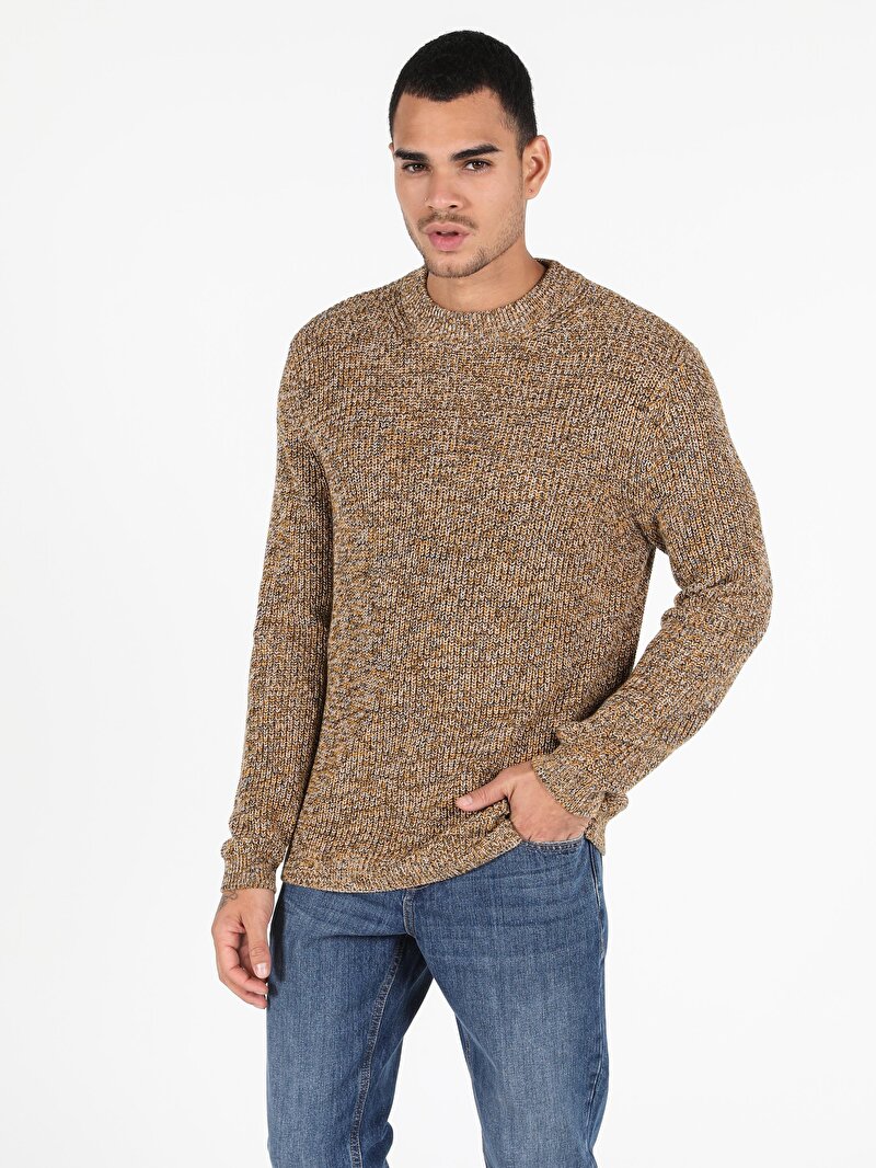 Regular Fit Yuvarlak Yaka Erkek Sari Kazak