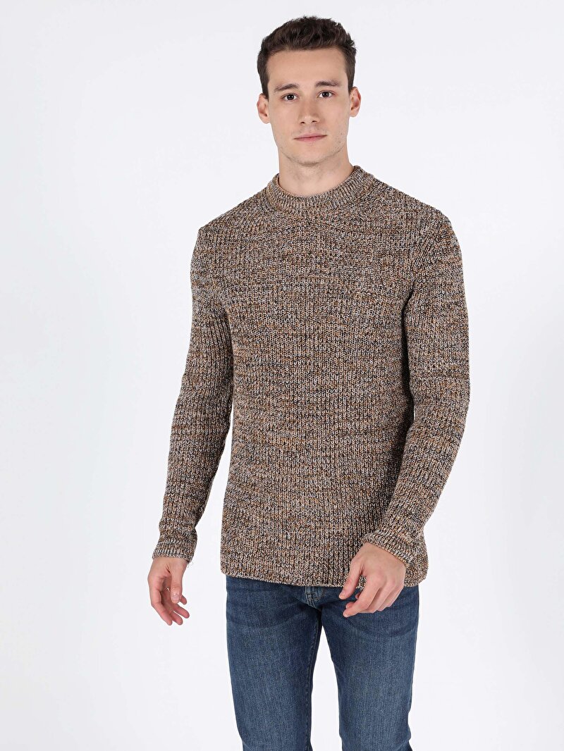 Regular Fit Yuvarlak Yaka Erkek Sari Kazak