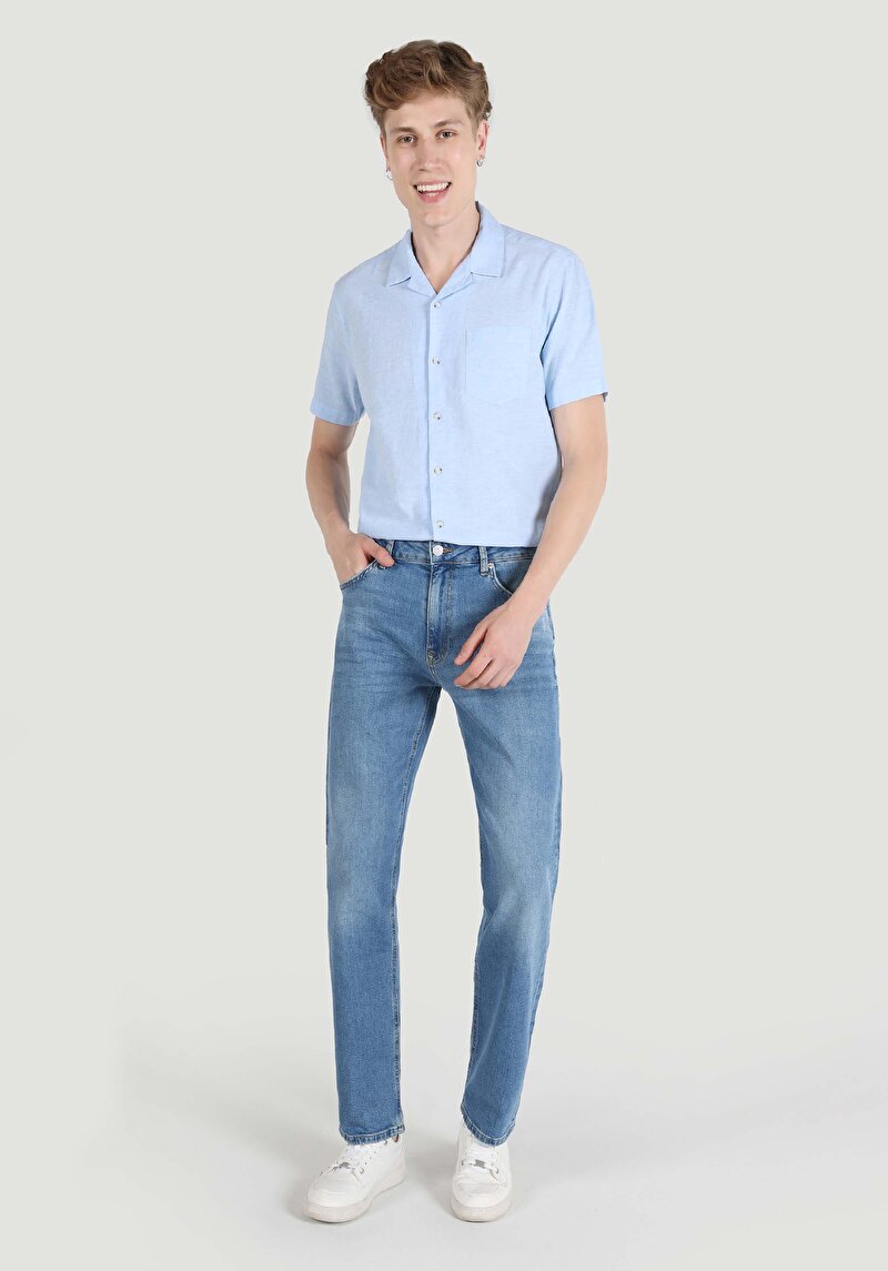 Regular Fit Orta Bel Düz Paça Erkek İndigo Jean Pantolon