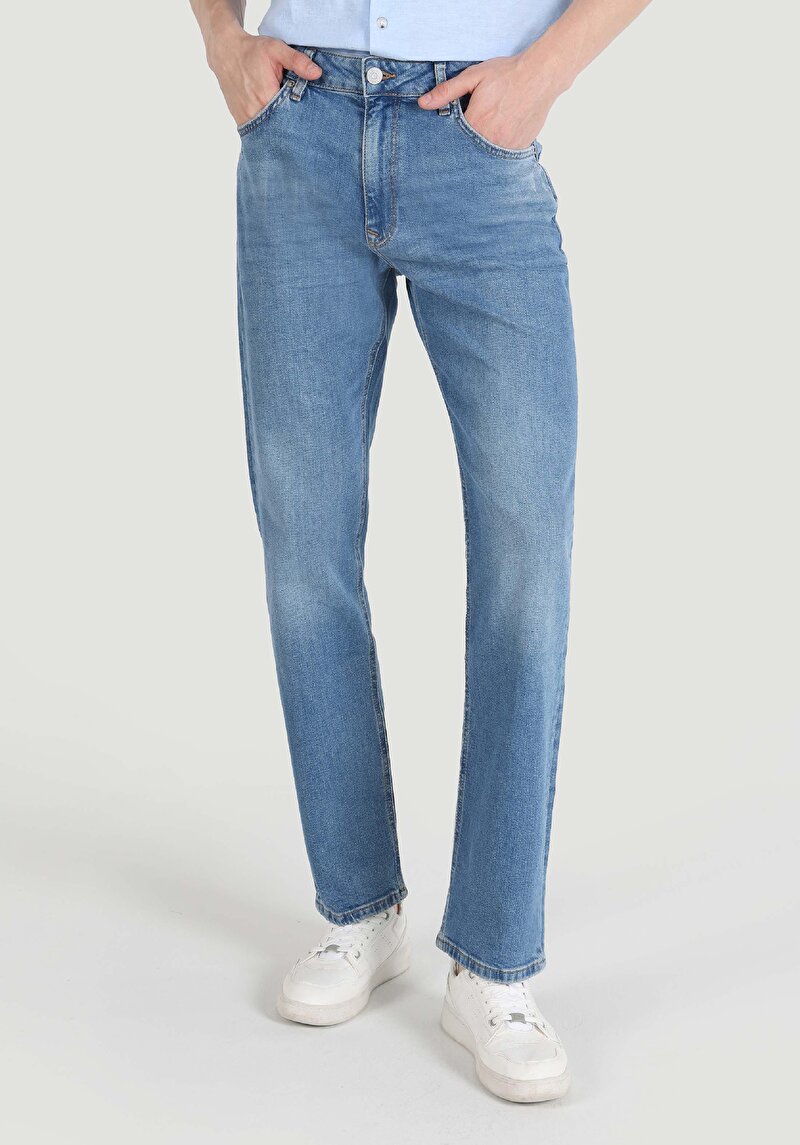 Regular Fit Orta Bel Düz Paça Erkek İndigo Jean Pantolon