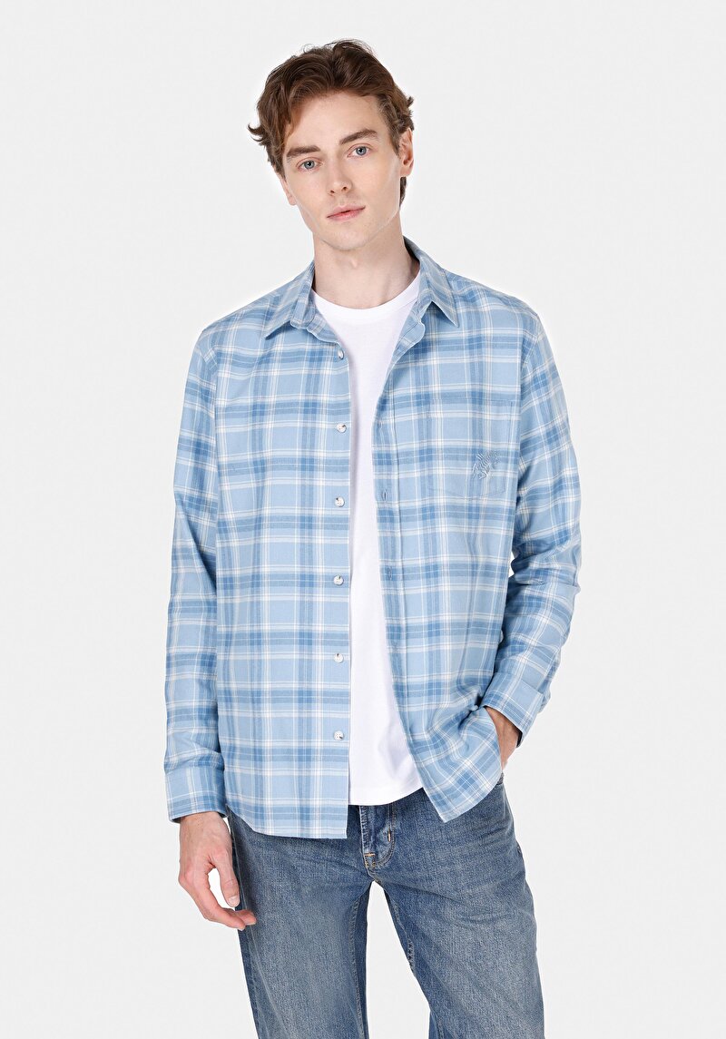 Regular Fit Shirt Neck Ekoseli Erkek Mavi Uzun Kol Gömlek