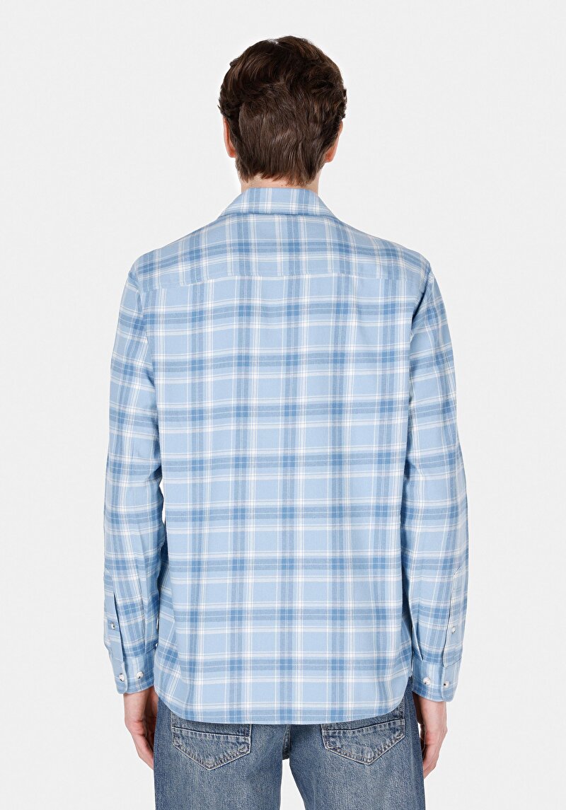 Regular Fit Shirt Neck Ekoseli Erkek Mavi Uzun Kol Gömlek