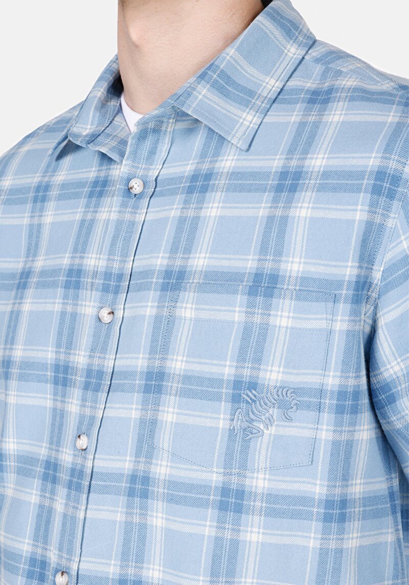 Regular Fit Shirt Neck Ekoseli Erkek Mavi Uzun Kol Gömlek