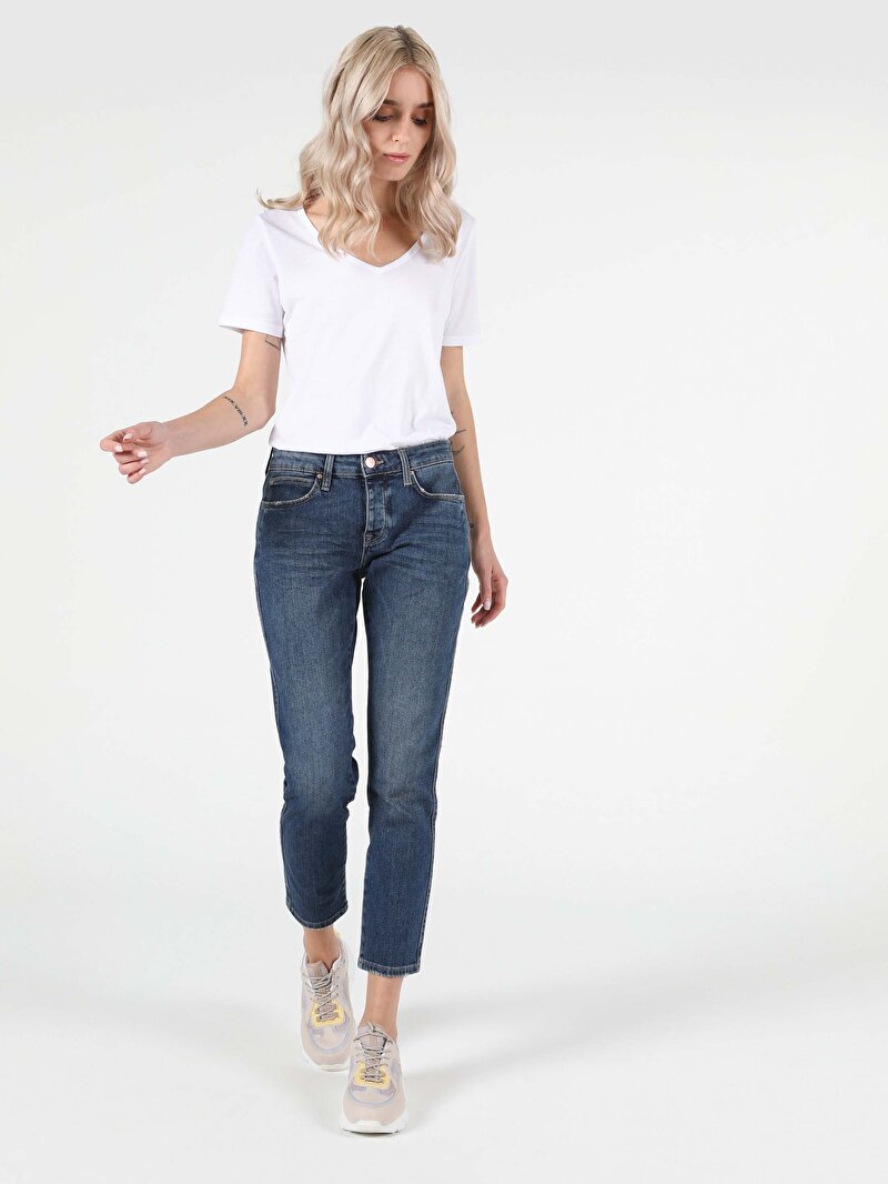 892 Alına Slim Boyfriend Fit Orta Bel Daralan Paça Kadın Koyu Mavi Jean Pantolon Cl1051970