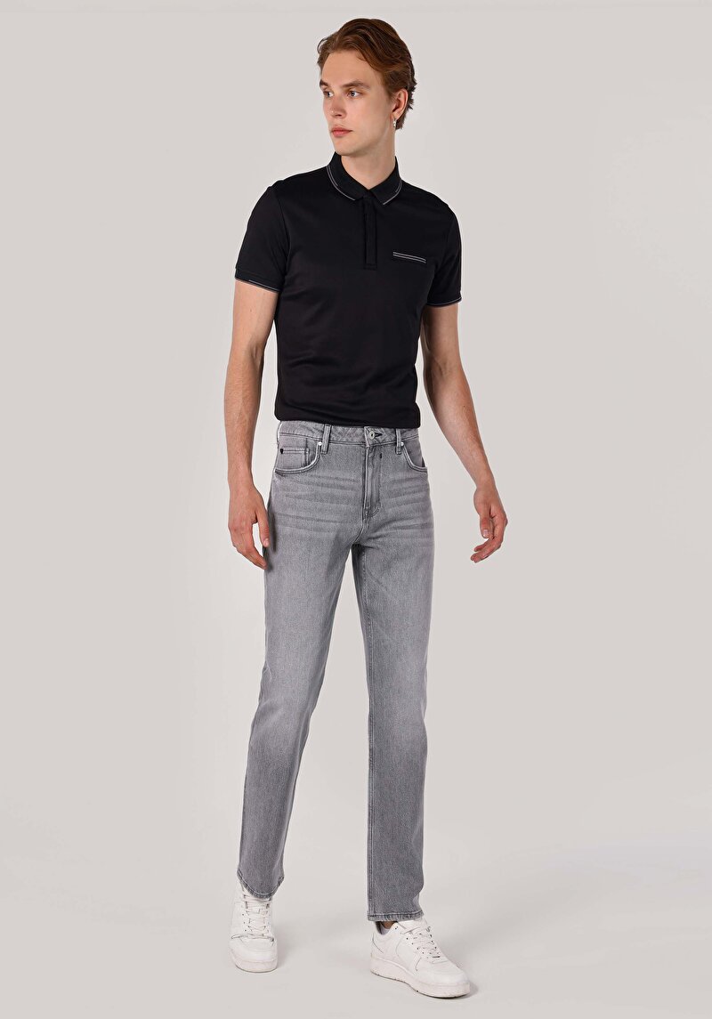 Regular Fit Orta Bel Düz Paça Erkek Gri Jean Pantolon