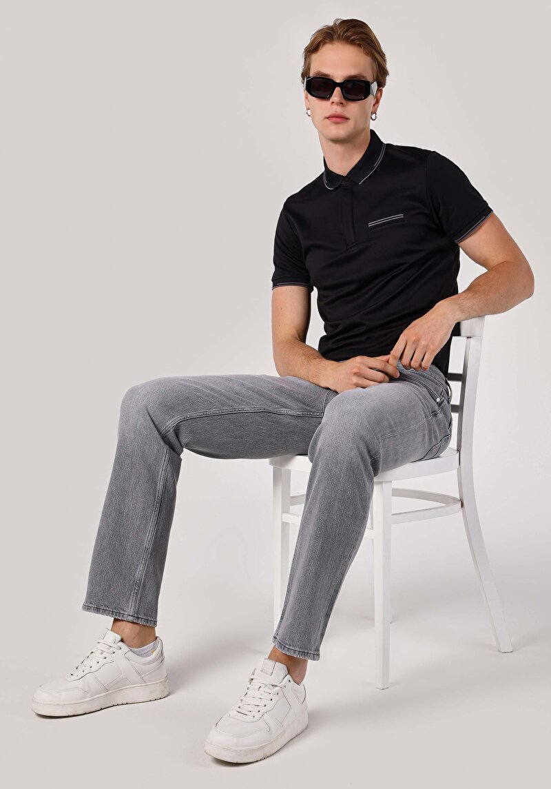 Regular Fit Orta Bel Düz Paça Erkek Gri Jean Pantolon