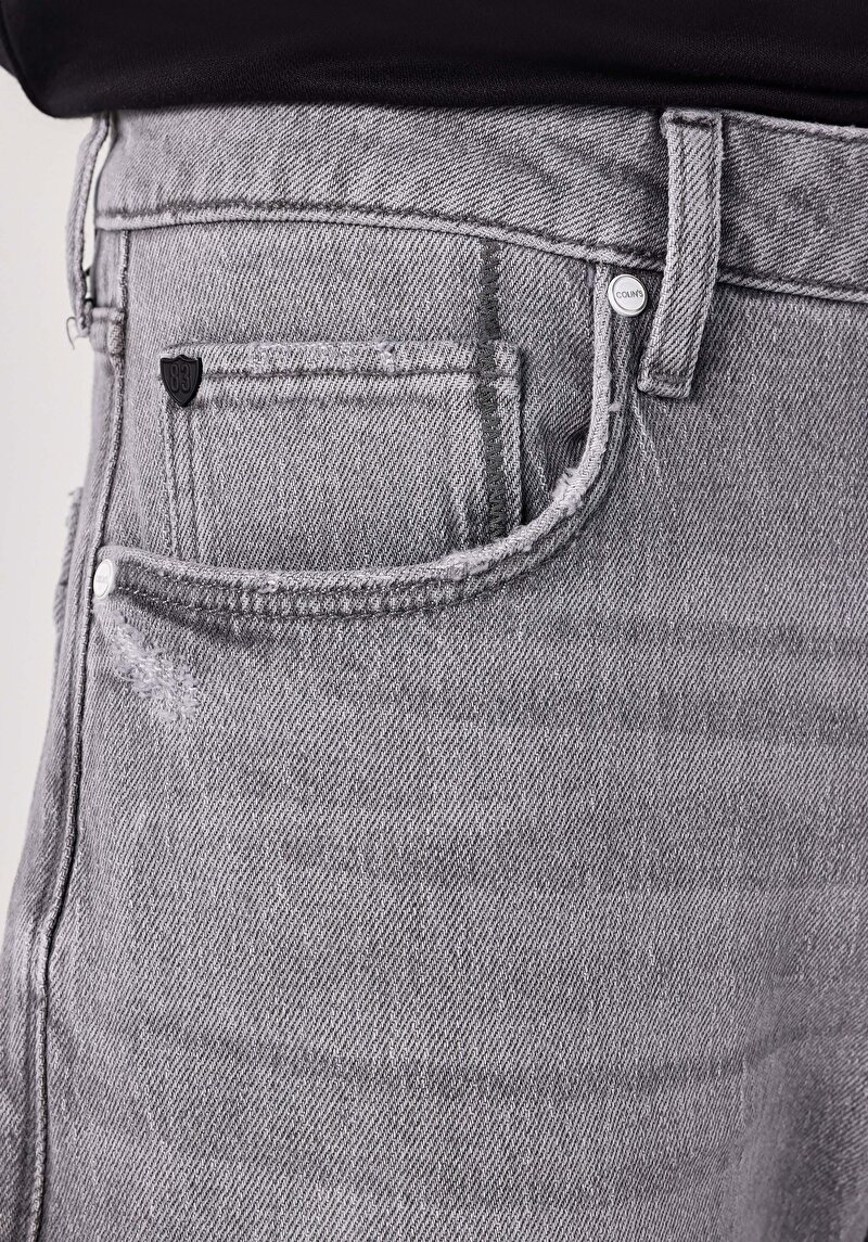 Regular Fit Orta Bel Düz Paça Erkek Gri Jean Pantolon