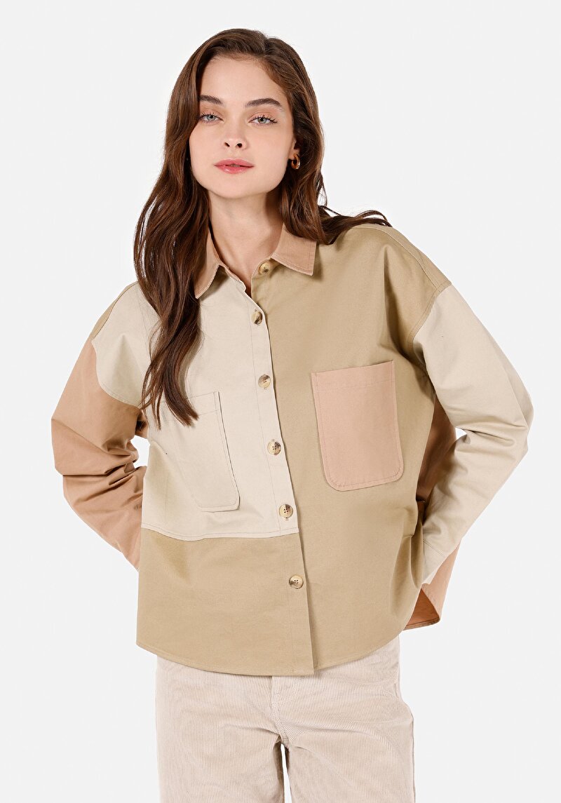 Relax Fit Shirt Neck Düz Kadın Yeşil Uzun Kol Gömlek