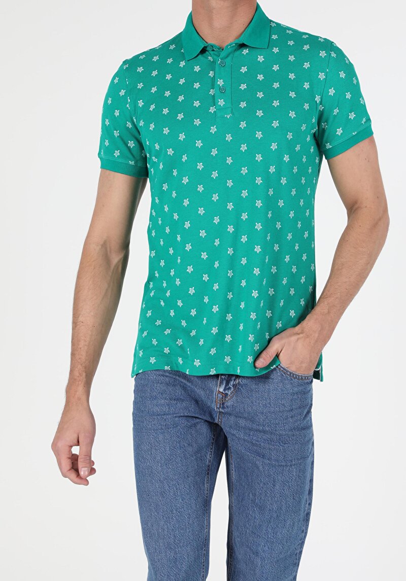 Regular Fit Polo Yaka Erkek Yeşil Kısa Kol Tişört
