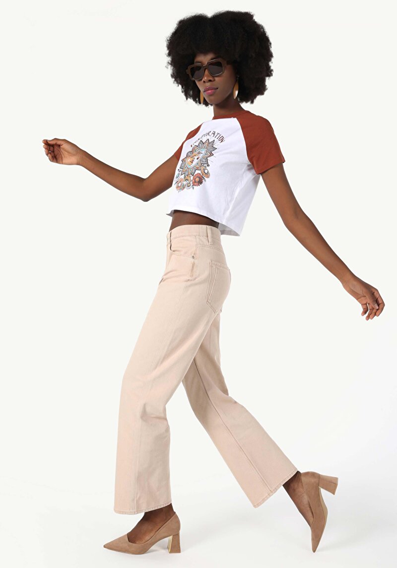 Regular Fit Yüksek Bel Düz Paça Kadın Açik Kahve Jean Pantolon