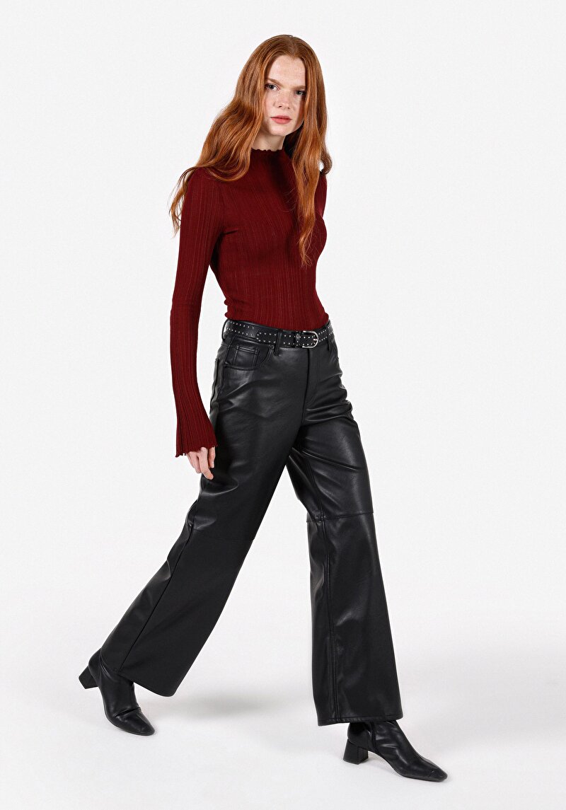 Regular Fit Yüksek Bel Geniş Paça Poliüretan Kadın Siyah Pantolon