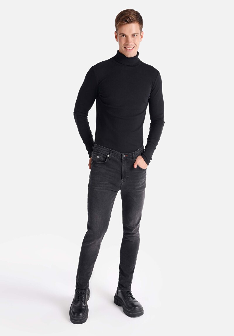 Skinny Fit Yüksek Bel Dar Paça Erkek Siyah Jean Pantolon