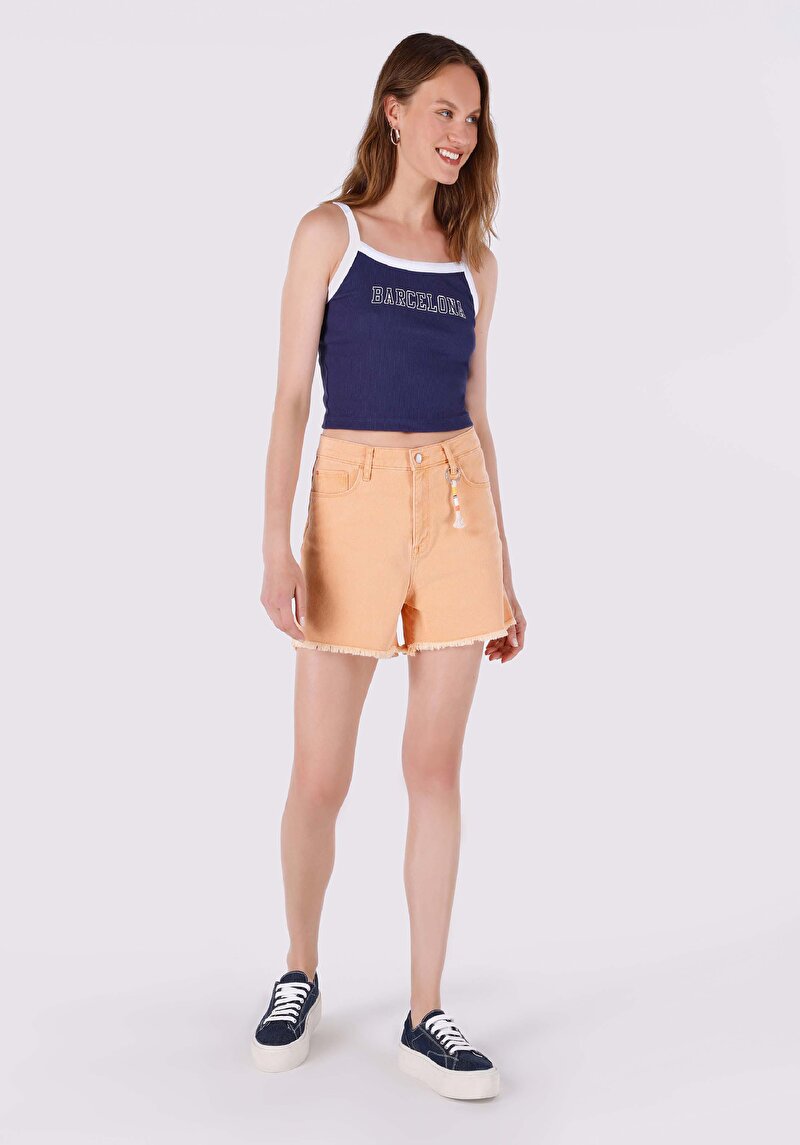 Mom Short Yüksek Bel Kadın Açik Turuncu Jean Şort