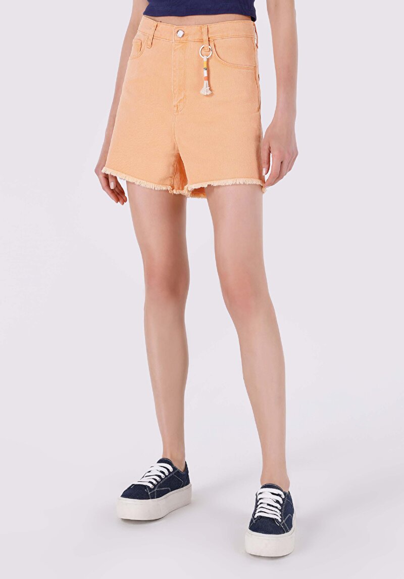 Mom Short Yüksek Bel Kadın Açik Turuncu Jean Şort