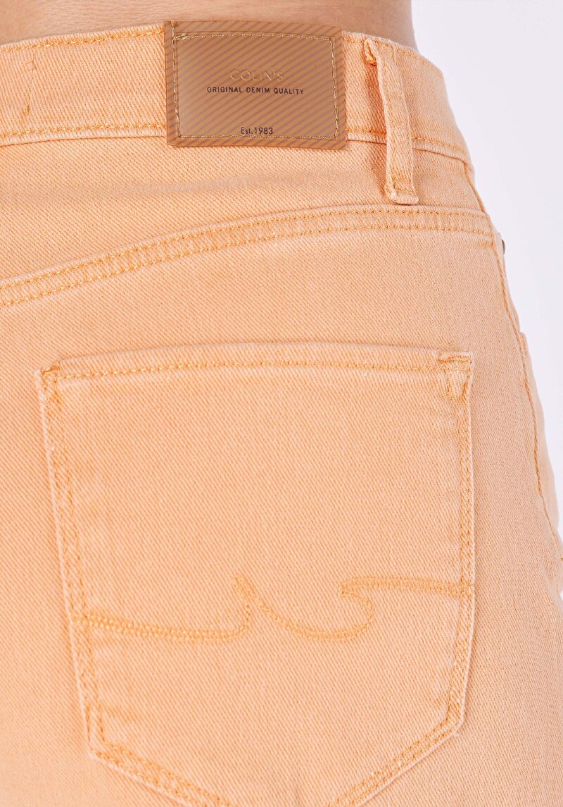 Mom Short Yüksek Bel  Kadın Açik Turuncu Jean Şort