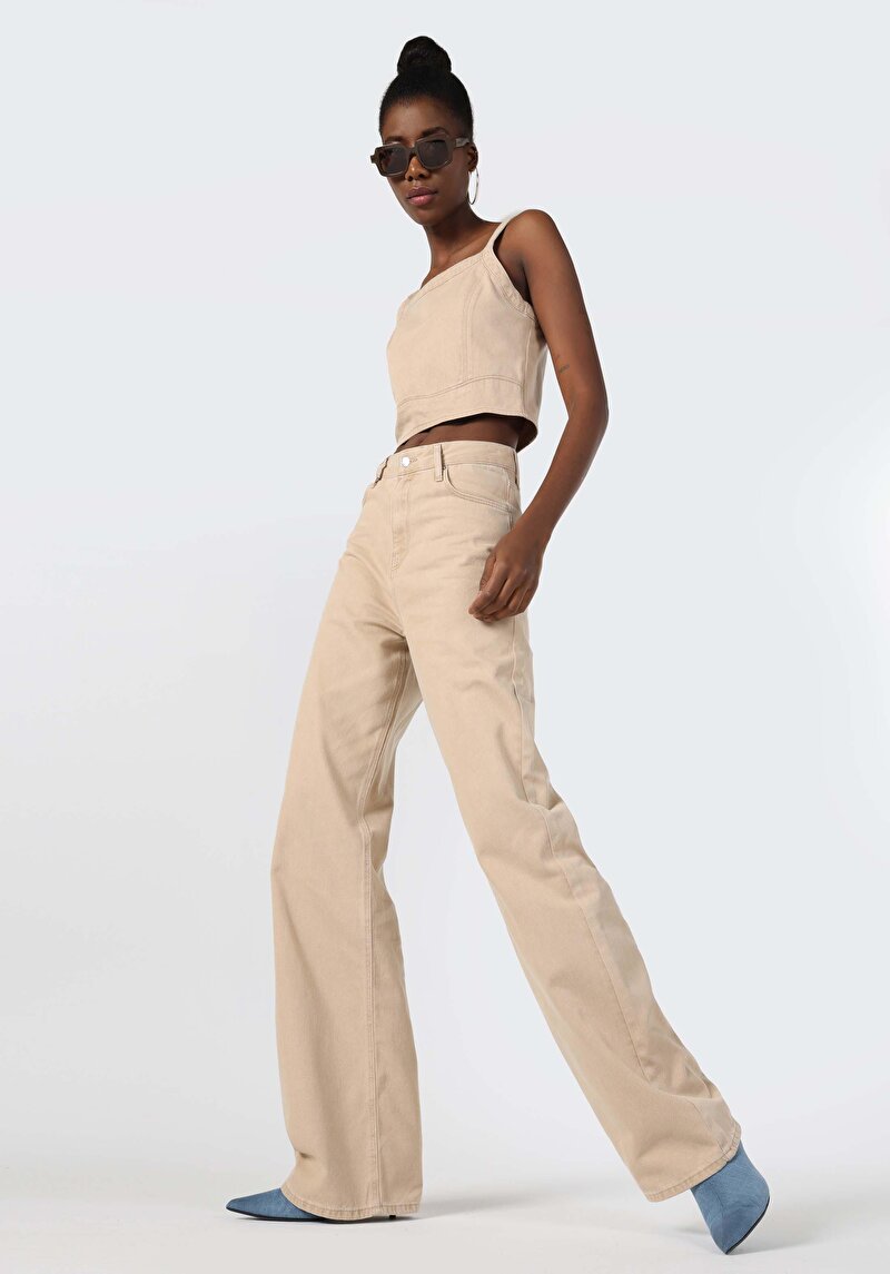 Regular Fit Yüksek Bel Geniş Paça Kadın Açik Kahve Jean Pantolon