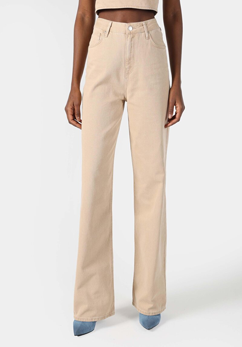 Regular Fit Yüksek Bel Geniş Paça Kadın Açik Kahve Jean Pantolon
