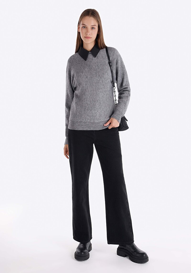 Regular Fit Kayık Yaka Düz Kadın Gri Kazak