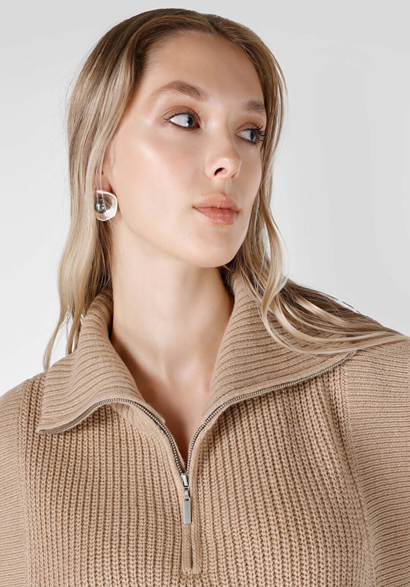 Regular Fit Fermuarlı Düz Kadın Bej Kazak