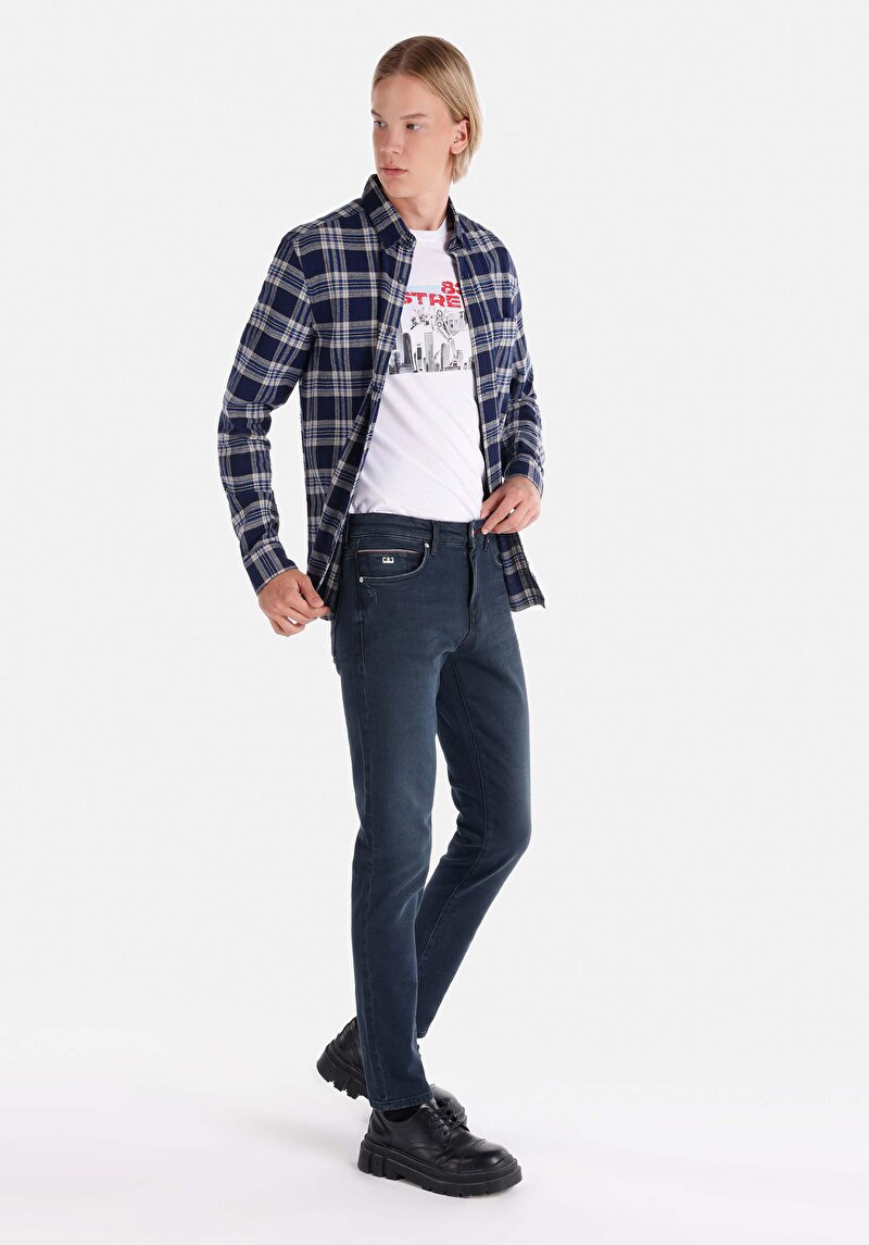 Slim Fit Düşük Bel Dar Paça Erkek Koyu İndigo Jean Pantolon