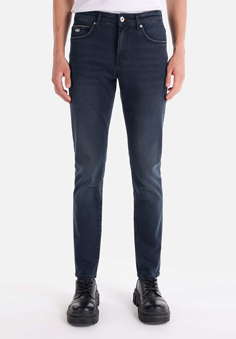 Slim Fit Düşük Bel Dar Paça Erkek Koyu İndigo Jean Pantolon