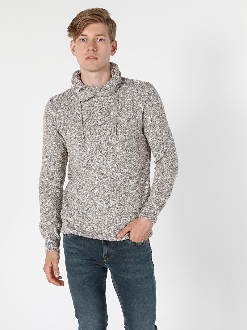 Regular Fit Sal Yaka Erkek Bej Kazak