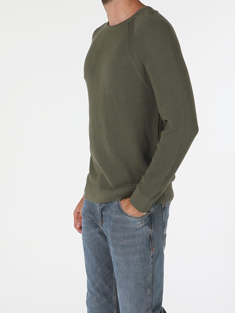 Regular Fit Pamuklu Yuvarlak Yaka Erkek Yeşil Triko Kazak