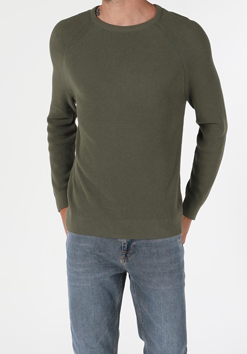 Regular Fit Pamuklu Yuvarlak Yaka Erkek Yeşil Triko Kazak