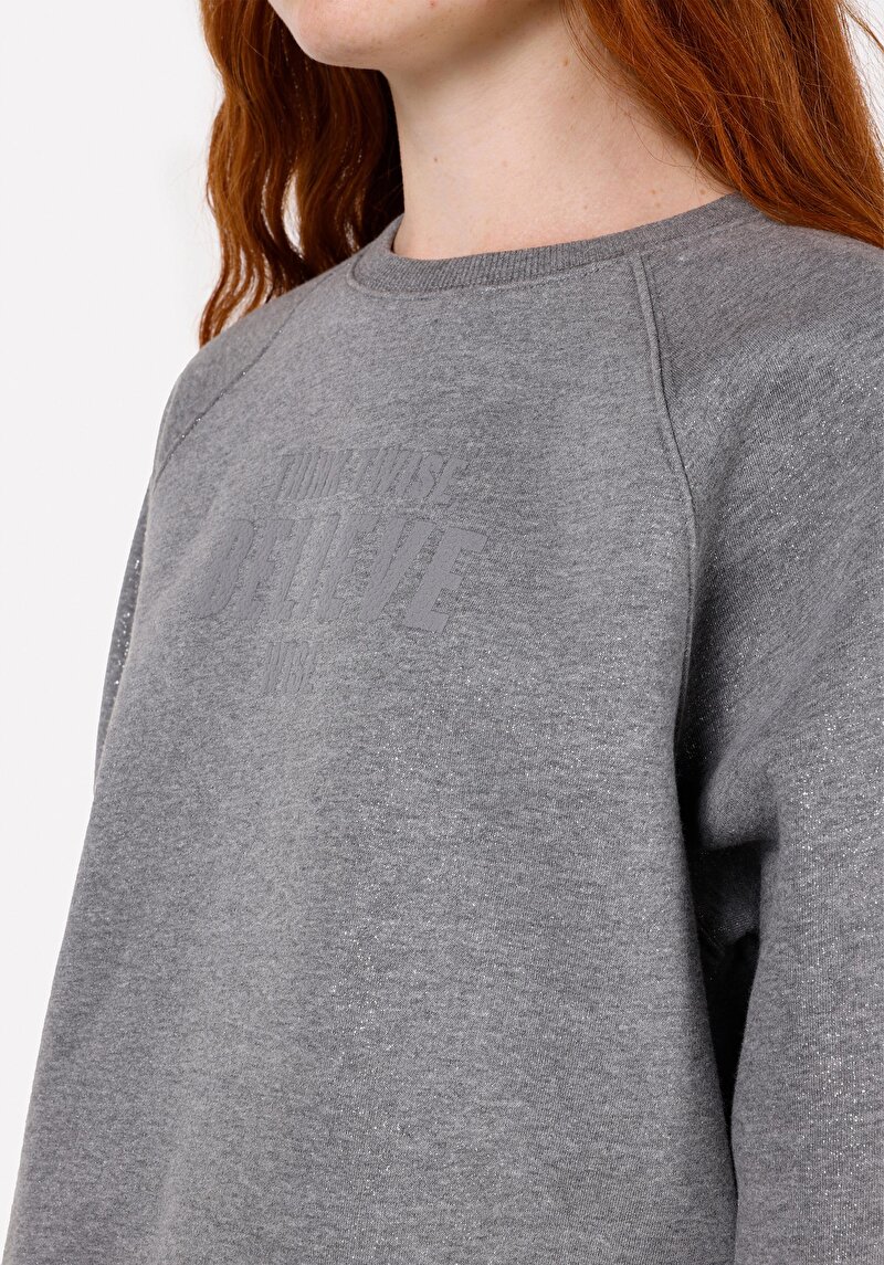 Regular Fit Yuvarlak Yaka Baskılı Kadın Gri Sweatshirt