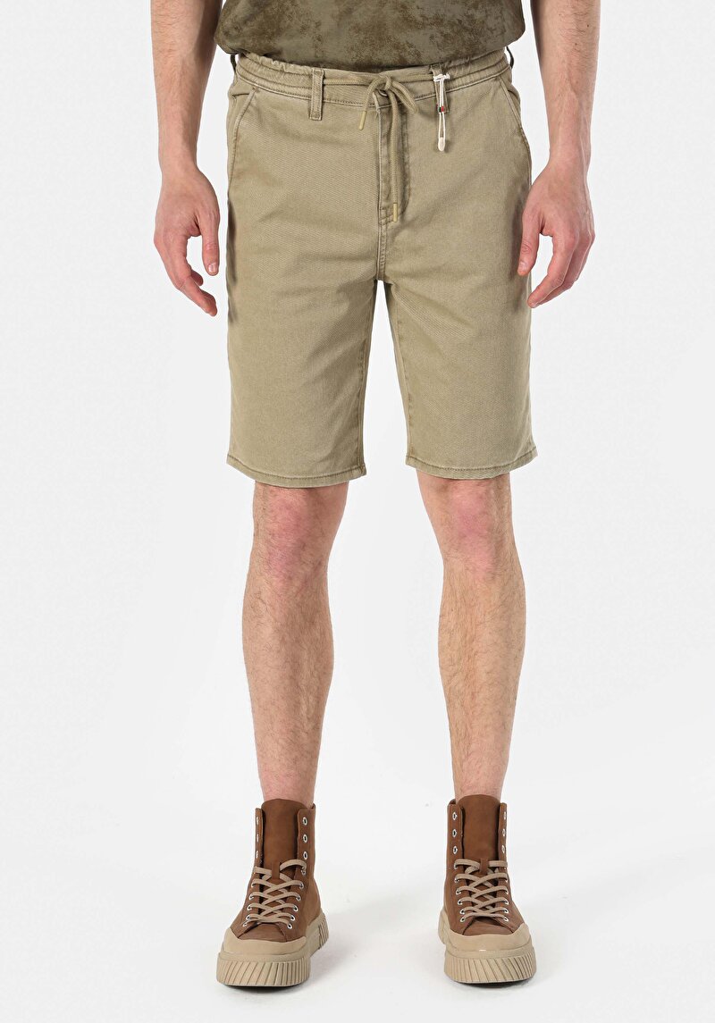 Fit Orta Bel Erkek Açik Haki Jean Şort