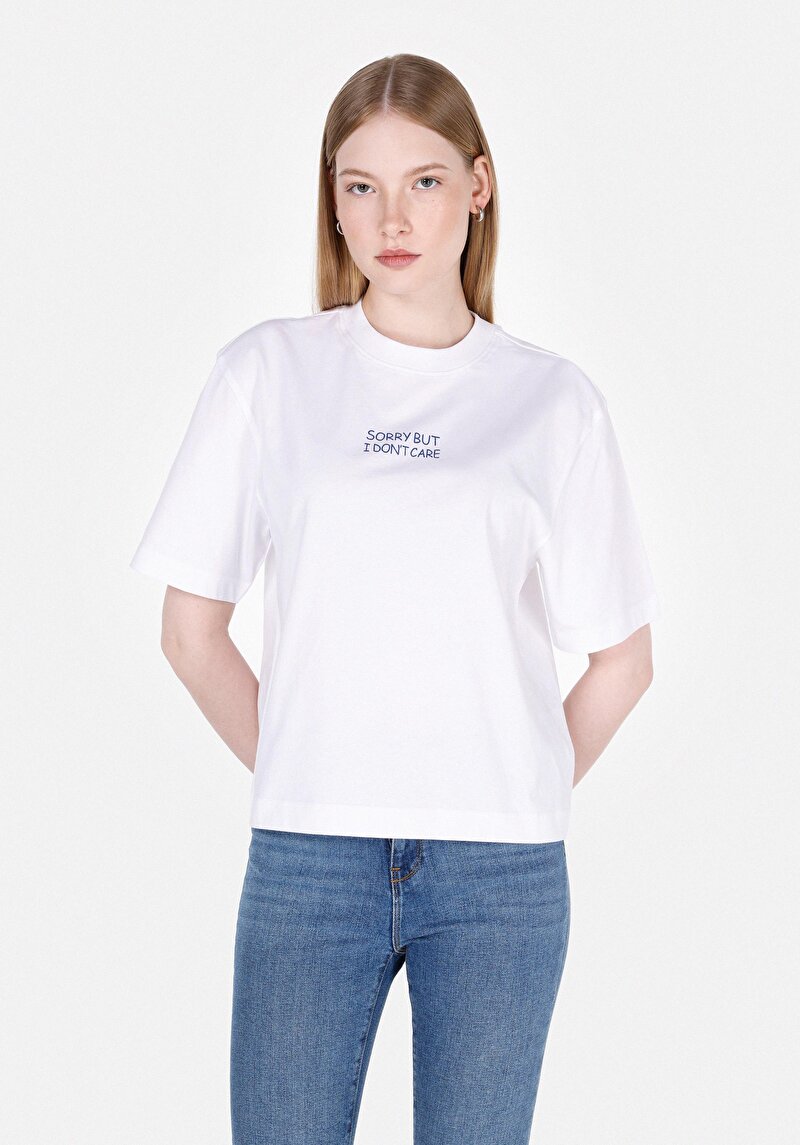 Regular Fit Örme Yuvarlak Yaka Baskılı Kadın Beyaz Kısa Kol Tişört