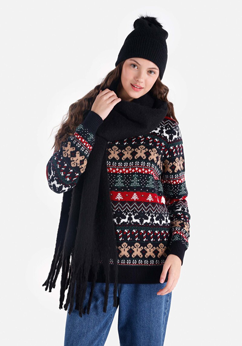 Regular Fit Yuvarlak Yaka Baskılı Kadın Lacivert Kazak