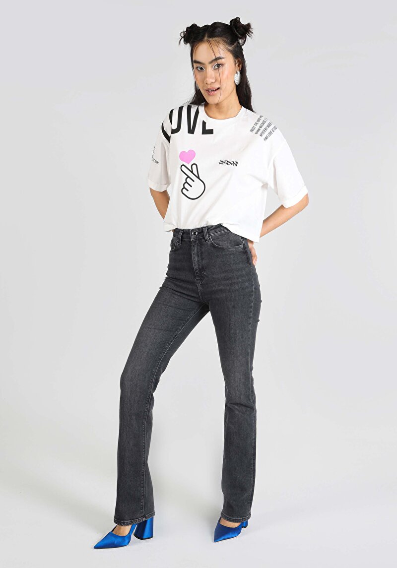 Flare Fit Yüksek Bel Ispanyol Paça Kadın Siyah Jean Pantolon