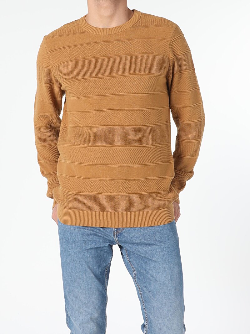 Regular Fit Yuvarlak Yaka Erkek Sari Kazak