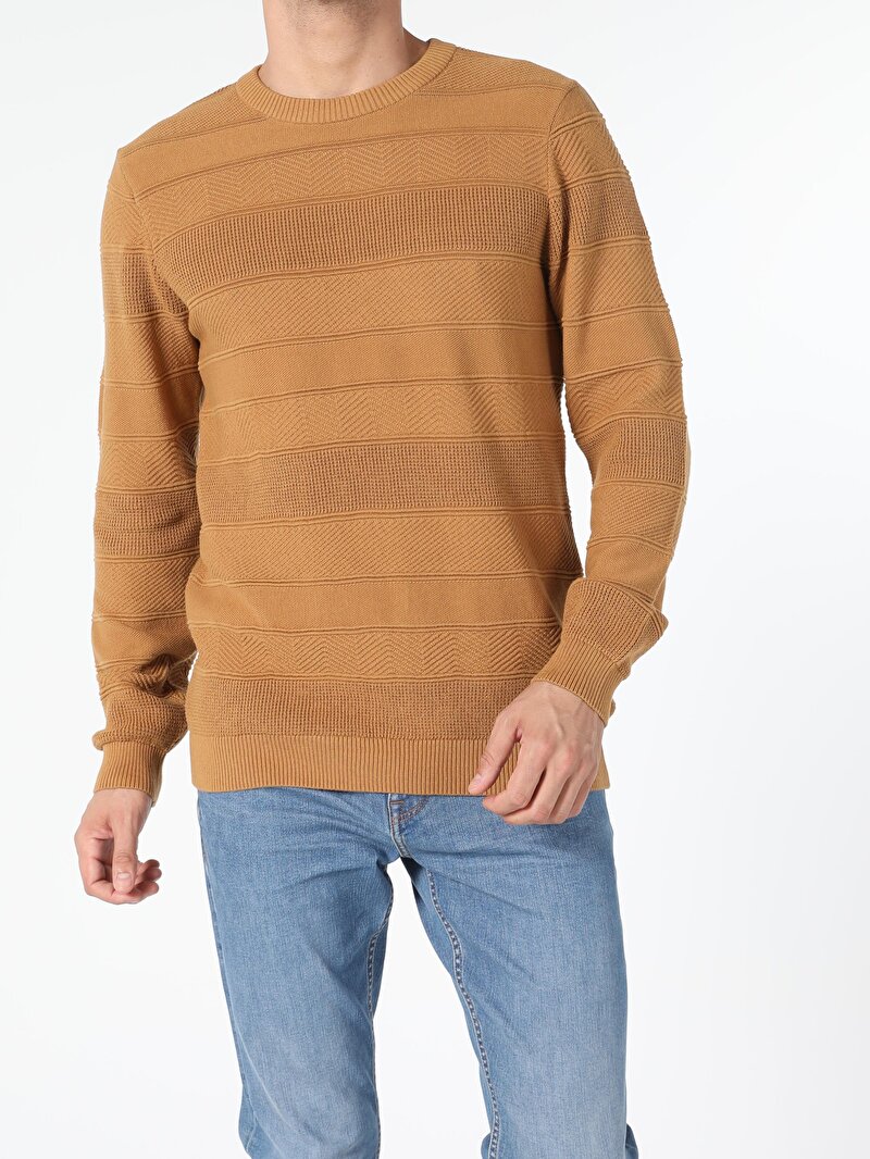 Regular Fit Yuvarlak Yaka Erkek Sari Kazak