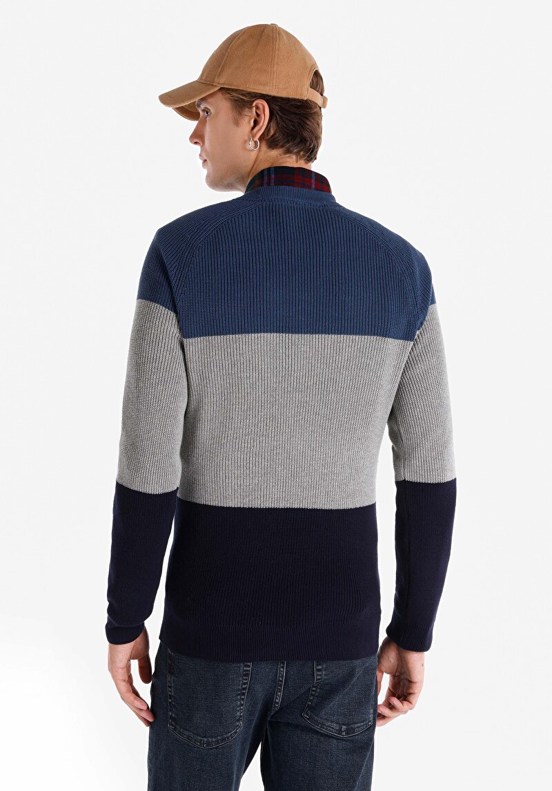 Regular Fit Yuvarlak Yaka Jakarlı Erkek Lacivert Kazak