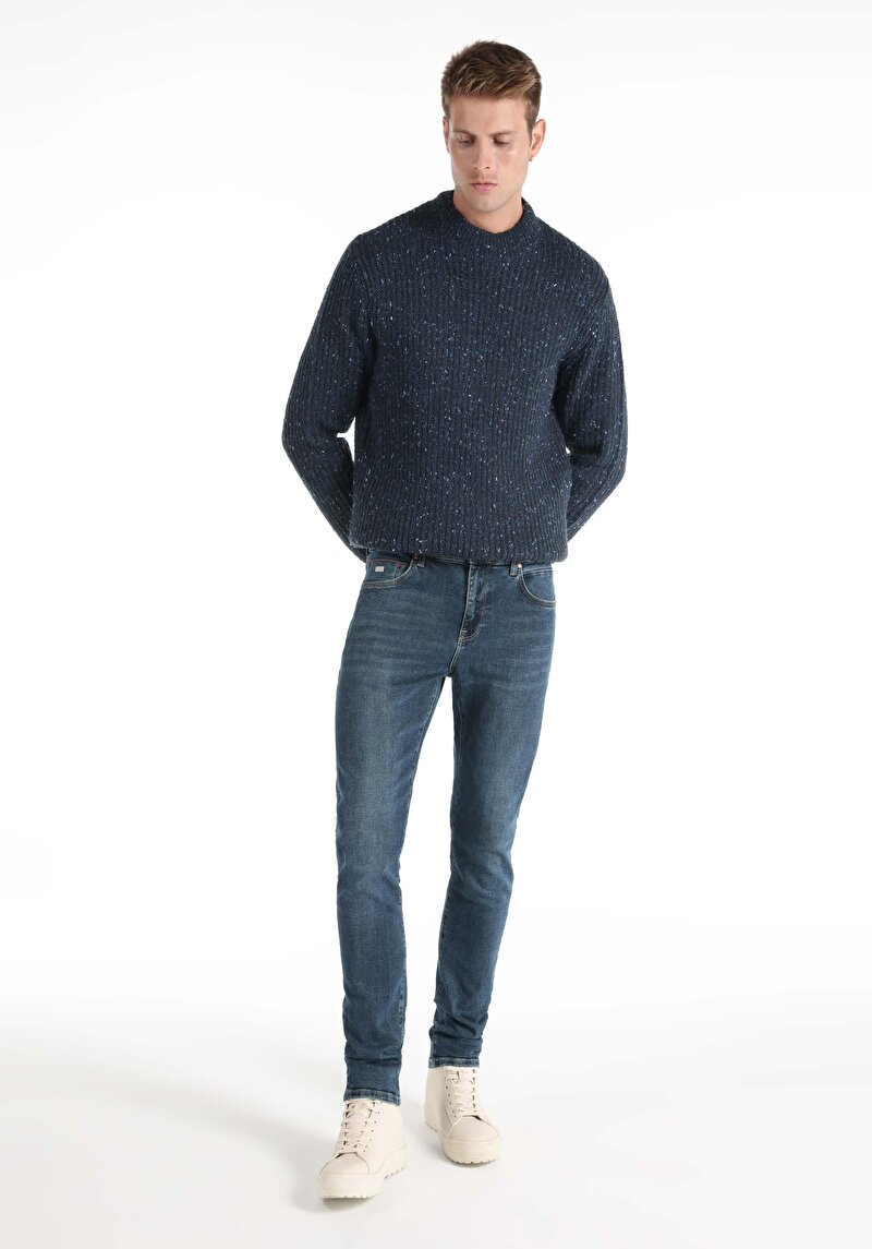 Slim Fit Düşük Bel Dar Paça Erkek Koyu İndigo Jean Pantolon