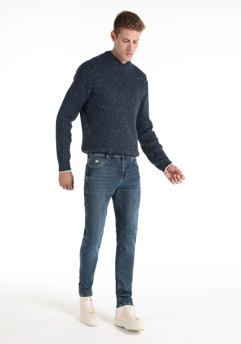 Slim Fit Düşük Bel Dar Paça Erkek Koyu İndigo Jean Pantolon