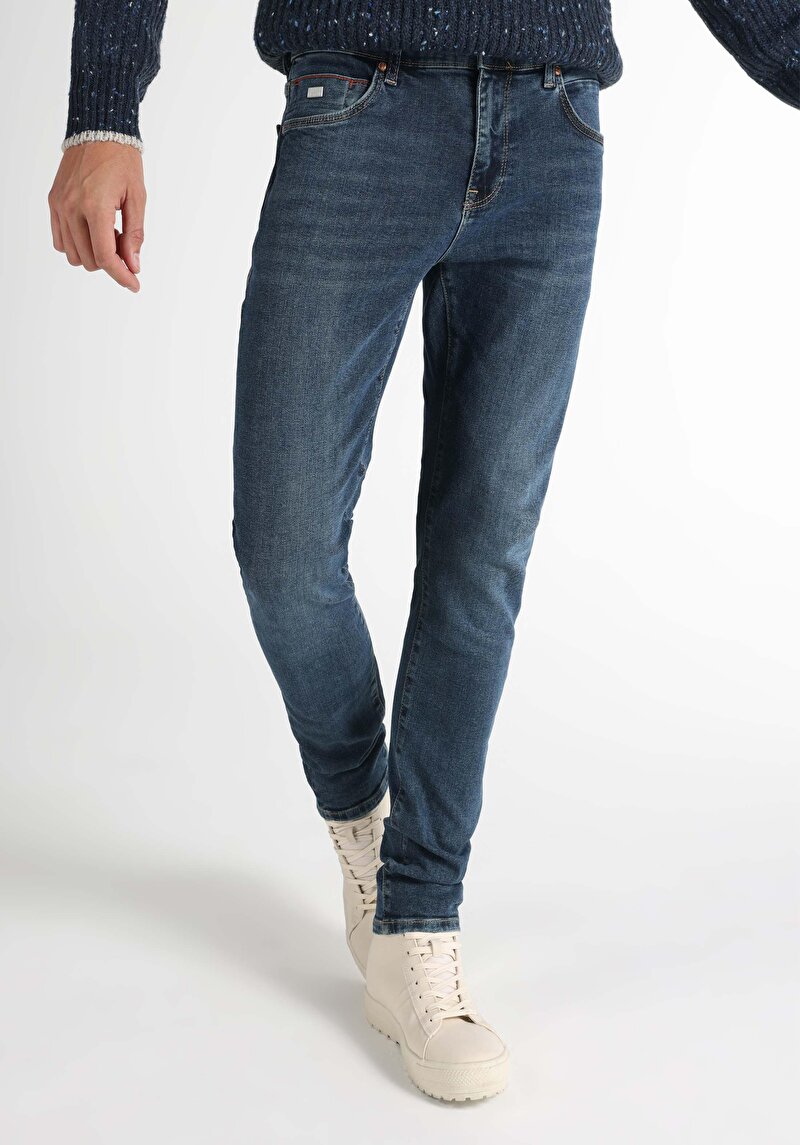 Slim Fit Düşük Bel Dar Paça Erkek Koyu İndigo Jean Pantolon